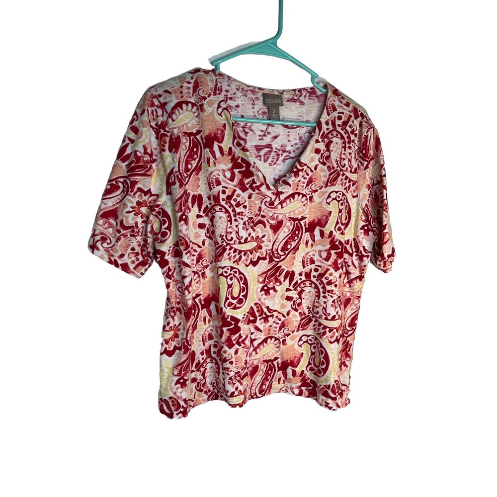 Chicos Paisley Pinks Red Tones Short Sleeve Top Blouse sz 2 / L (15